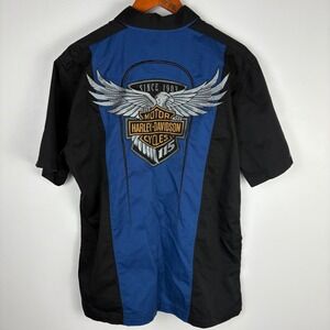 Harley Davidson 115th Anniversary Short Sleeve Work Shirt Mens Large Black Blue